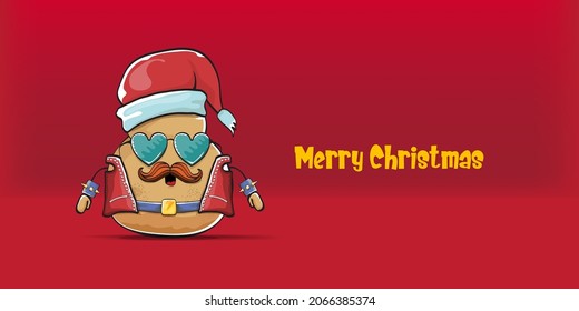 vector Santa CLAUS potato funny cartoon character with red Santa hat and calligraphic merry Christmas text isolated on red horizontal background. rock n roll style Christmas party banner or poster