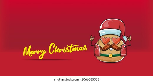 vector Santa CLAUS potato funny cartoon character with red Santa hat and calligraphic merry Christmas text isolated on red horizontal background. rock n roll style Christmas party banner or poster