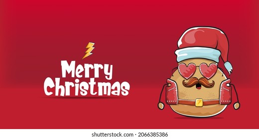 vector Santa CLAUS potato funny cartoon character with red Santa hat and calligraphic merry Christmas text isolated on red horizontal background. rock n roll style Christmas party banner or poster