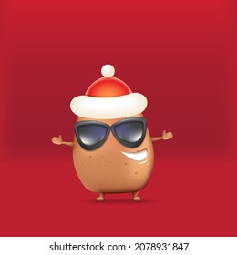 vector Santa Claus potato funny cartoon cute character with red Santa hat isolated on red christmas  background. Christmas party poster or banner design template with santa character