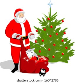 In vector Santa Claus put gift below christmas tree
