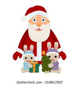 Vector Santa Claus and rabbits (hares).  Cute bunnies with Santa Claus.  Hares with a Christmas tree and a gift.  Isolated on a white background. Christmas banner. Merry Christmas and Happy New Year.