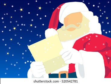 Vector Santa. Santa Claus reading wish list.