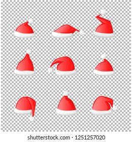 Vector Santa Claus red hat set icon isolated on a transparent background.Holiday part costume santa collection.Head accessory