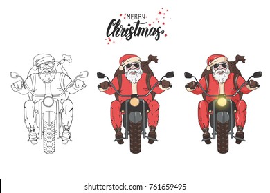 Vector Santa Claus ride the motorcycle with a backpack of gifts. Vector doodle and color vintage  illustration. Hand-drawn. Sketch. Santa-biker. Merry Christmas and Happy New Year 2018! 