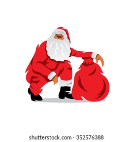 Vector Santa Claus with sack of gifts Cartoon Illustration. A man with a bag in a red Christmas costumes. Branding Identity Corporate Logo isolated on a white background