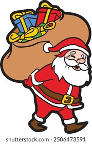 vector santa claus with a sack of presents. merry christmas december 