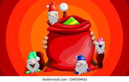 Vector Santa Claus sat down and hugged a bag of gifts and next to him his assistants in cartoon style