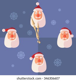 Vector Santa Claus set with clock hands in flat style. Christmas illustration with snowflakes. Happy New Year greeting card, poster.