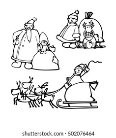 Vector Santa Claus set. Illustration with deer, sleigh. Black on white.