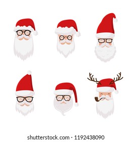 Vector Santa Claus set isolated, hat, glasses, pipe, and beard. Hipster Santa. Secret santa. Happy New Year and Christmas collection