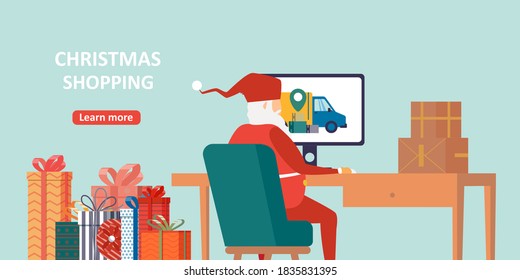 Vector of a Santa Claus sitting at desk with computer delivering gifts online 