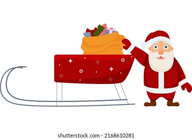 Vector Santa Claus and sleigh with gifts.  Isolated on a white background. Christmas banner. Merry Christmas and Happy New Year.