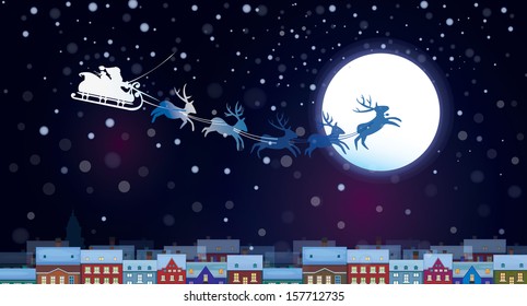  Vector Santa Claus Sleigh on sky background, cityscape nightscene.