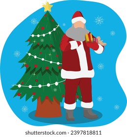 Vector Santa Claus stands next to a Christmas tree holding a bag of presents. He has a long white beard, a red suit.