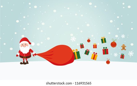 Vector Santa Claus wave.  Vector illustration for retro christmas card. Snow landscape background.