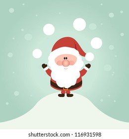 Vector Santa Claus wave.  Vector illustration for retro christmas card. Snow landscape background.