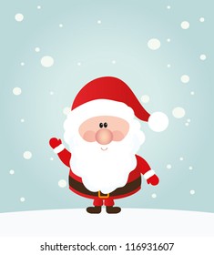 Vector Santa Claus wave.  Vector illustration for retro christmas card. Snow landscape background.