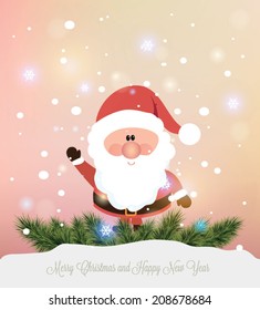 Vector Santa Claus wave. Vector illustration for retro Christmas card. Snow landscape background with Christmas trees and santa