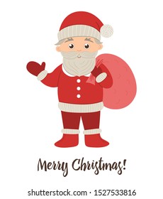 Vector Santa Claus waving his hand with red sack. Cute winter Father Frost illustration isolated on white background. Funny flat style character for Christmas, New Year or winter design