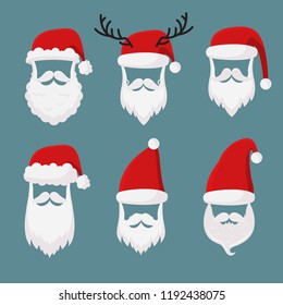 Vector Santa Claus without face big, collection, perfect for mobile apps. Santa accessories hats, moustache, horns, beards and glasses. Christmas festive design