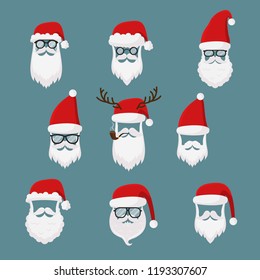 Vector Santa Claus without face big, collection, perfect for mobile apps. Santa accessories hats, moustache, horns, beards and glasses. Christmas festive design