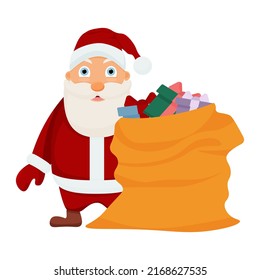 Vector Santa Claus with a yellow bag and gifts for children. Isolated on a white background. Christmas banner. Merry Christmas and Happy New Year. 