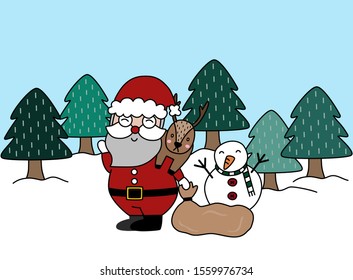 vector of Santa Clause is walking with Reindeer and snow man in the pine trees forest on the snow land illustration background