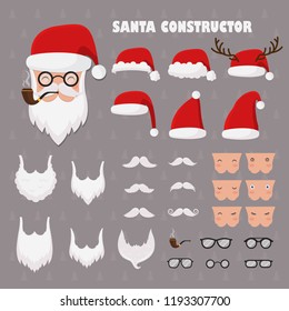 Vector santa constructor. Santa accessories hats, moustache,  beards and glasses.Create your own Santa Christmas and Happy New Year greetings cards. 