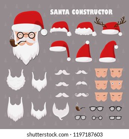 Vector santa constructor. Santa accessories hats, moustache,  beards and glasses.Create your own Santa Christmas and Happy New Year greetings cards. 