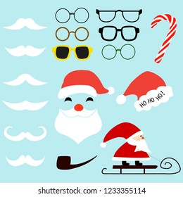 Vector santa constructor. Santa accessories hats, moustache, beards,christmas candy and glasses.Create your own Santa Christmas  Vector illustration 
