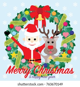 Vector Santa, deer and wreath. Christmas greeting card, poster and print design template