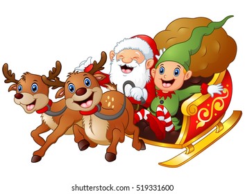 Vector  of Santa and elf cartoon a riding in sled sleigh and gift bag with two reindeer