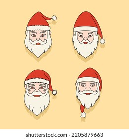 Vector Santa face with hats, mustache and beards. Christmas Santa design elements. Set of funny cartoon Santa with different emotions and situations. Vector illustration 