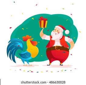Vector santa and funny rooster characters portrait on white background. Cartoon style. New Year, merry christmas, xmas congratulation design element. Good for holiday card, banner, flayer, leaflet.