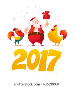 Vector santa and funny rooster characters portrait on white background. Cartoon style. New Year, merry christmas, xmas congratulation design element. Good for holiday card, banner, flayer, leaflet.