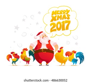 Vector santa and funny rooster characters portrait on white background. Cartoon style. New Year, merry christmas, xmas congratulation design element. Good for holiday card, banner, flayer, leaflet.