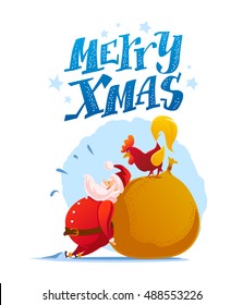 Vector santa and funny rooster characters portrait on white background. Cartoon style. New Year, merry christmas, xmas congratulation design element. Good for holiday card, banner, flayer, leaflet.