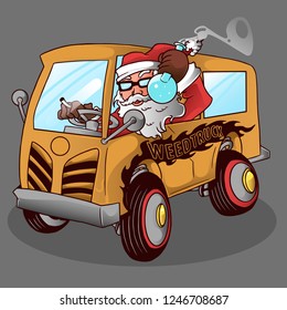 Vector Santa Funny Smoking Marijuana While Driving A Car