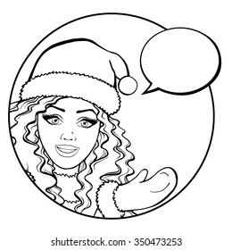 Vector Santa girl outlined with thought bubble for your message, black winter Woman contour isolated on white