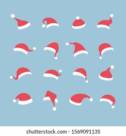 Vector Santa hat set isolated on blue background for photo booth, scrapbooking, video chat effect, festive, party, mask for social media. New year costume. Winter cap. 10 eps