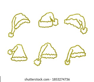 Weihnachtsgeschenk-Set, goldene Farbe, Illustrationen einzeln auf weißem Hintergrund, Clip-Art-Hut, Weihnachtsfeier-Konzept, Feiertagsschilder.