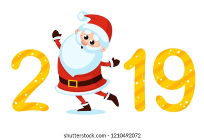 Vector santa illustration, Happy New Year 2019 funny card design with cartoon santa 