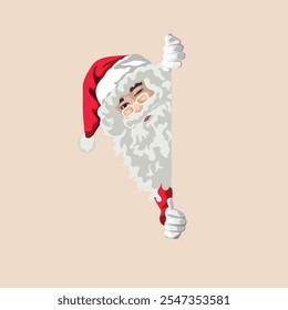 Vector Santa with a pose like hiding behind a wall