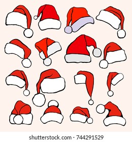 vector santa red hats, big set isolared on white background