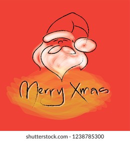 Vector - Santa Sketched on a red background. Handwritten text: Merry Xmas. Minimalistic greeting card for Christmas. 