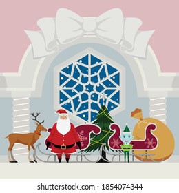 vector santa and team are preparing for christmas in the hall