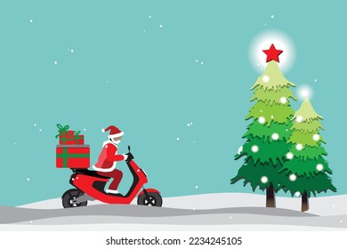 vector santaclaus ridind delivery scooter on snow fall and christmas trees background
