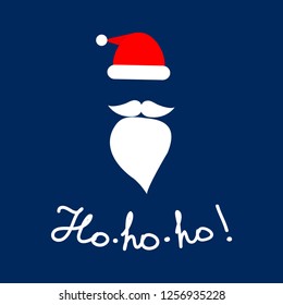 Vector Santa's hat and beard with lettering "Ho-ho-ho" for holiday party decoration. Flat icon or card design at dark background.