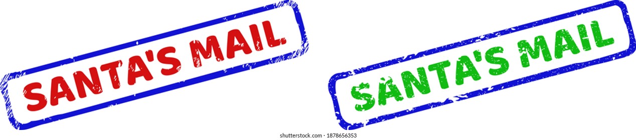Vector SANTA'S MAIL framed rubber imitations with scratched surface. Rough bicolor rectangle stamps. Red, blue, green colors used.